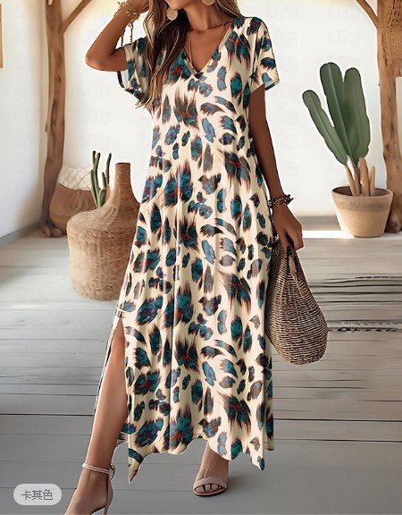 Women's Casual V-Neck Split Short Sleeve Dress with Digital Print
