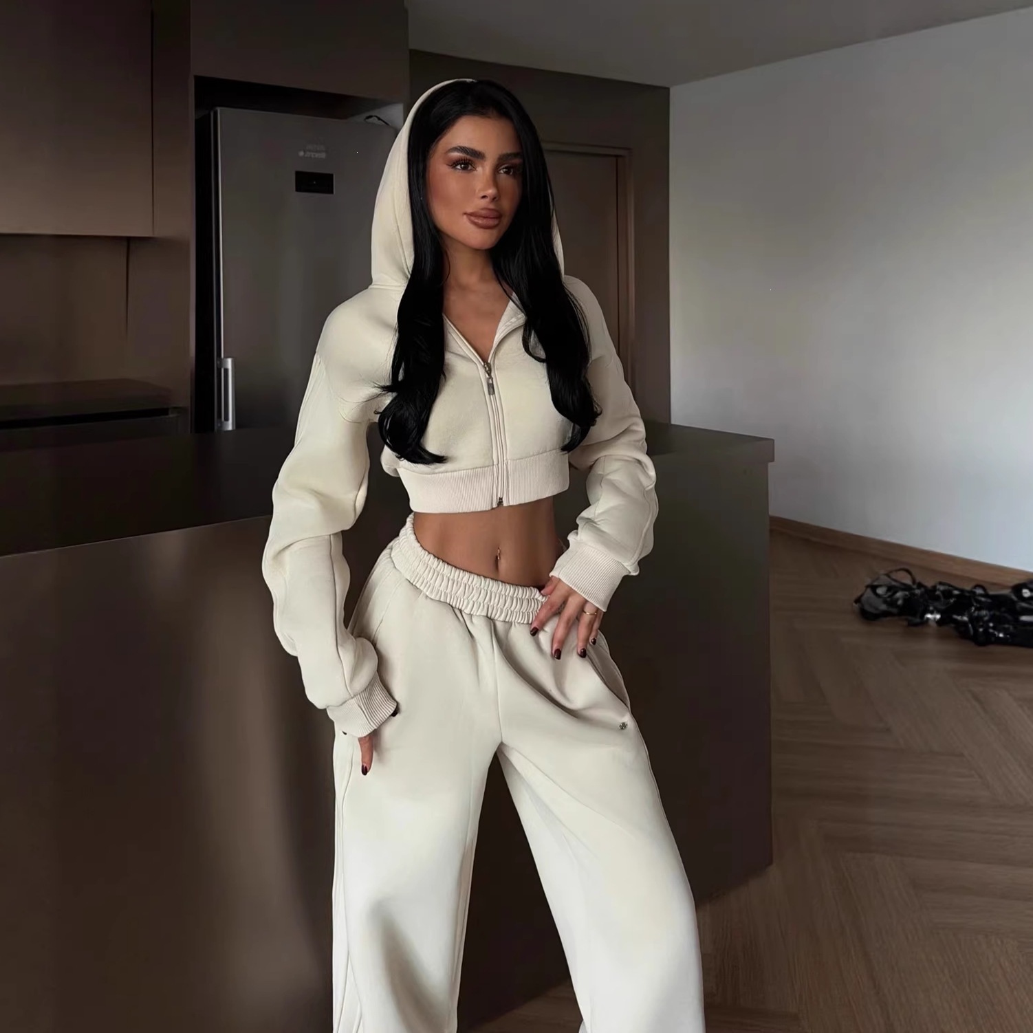 Cropped Zip-Up Hoodie and Wide-Leg Sweatpants Two-Piece Set