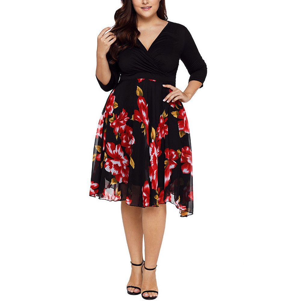 Women's Plus Size V-Neck Digital Print Short Sleeve Dress