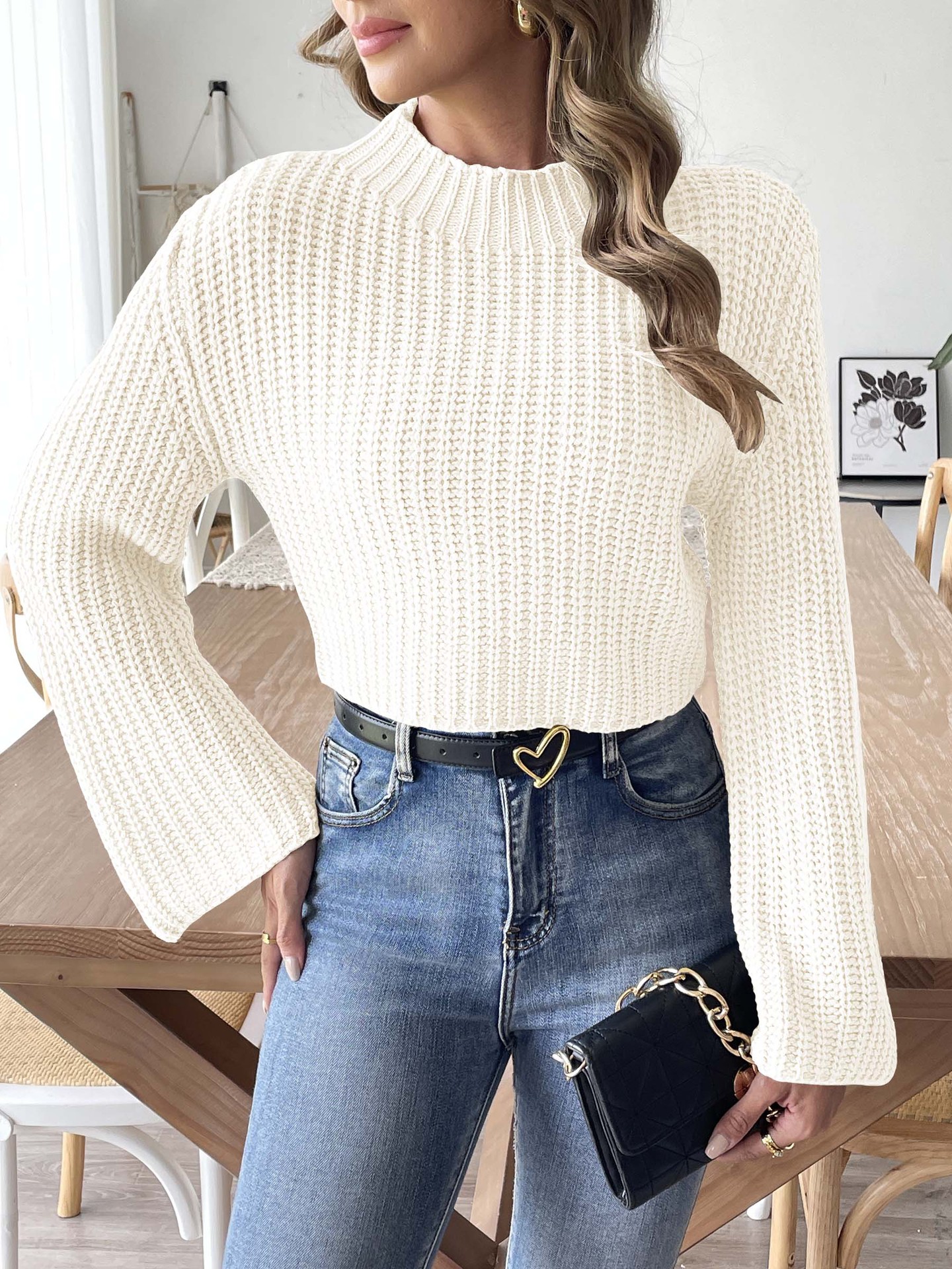 Women's Cropped Mock Neck Sweater with Bell Sleeves
