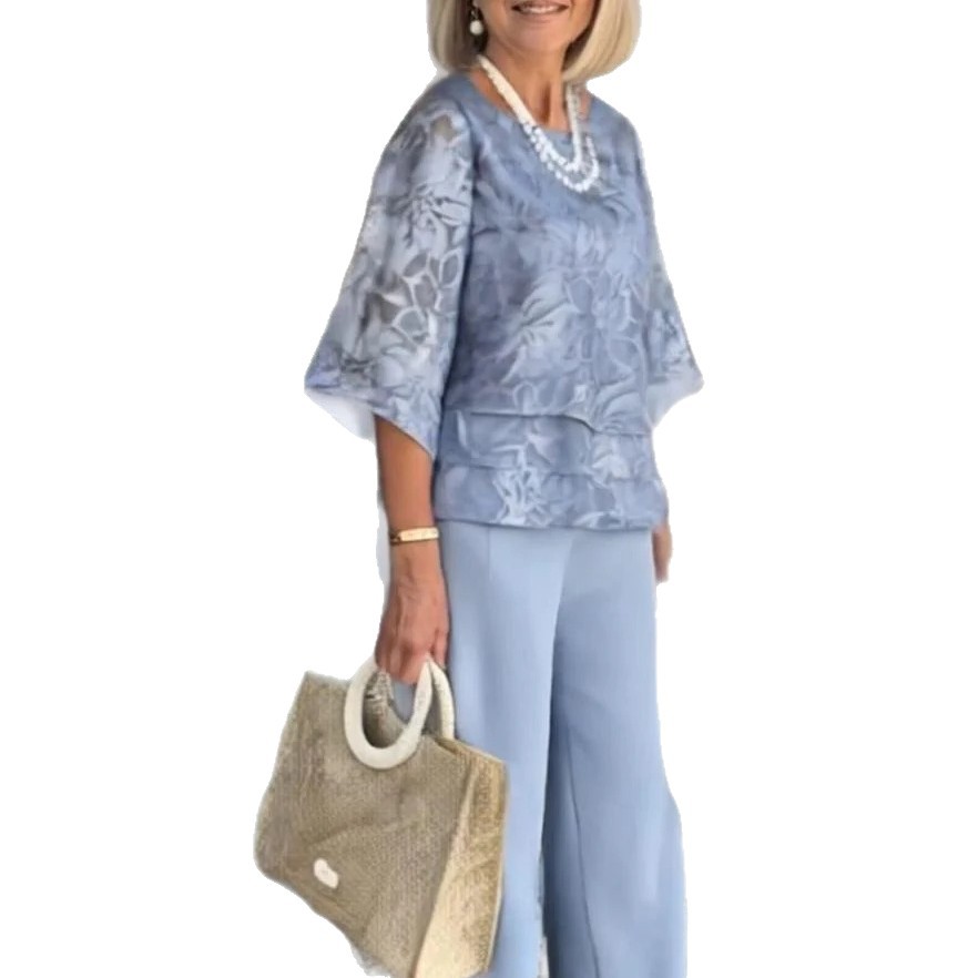 Elegant Chiffon Floral Print Two-Piece Set with Round Neck, Mid-Sleeve Top and Pants