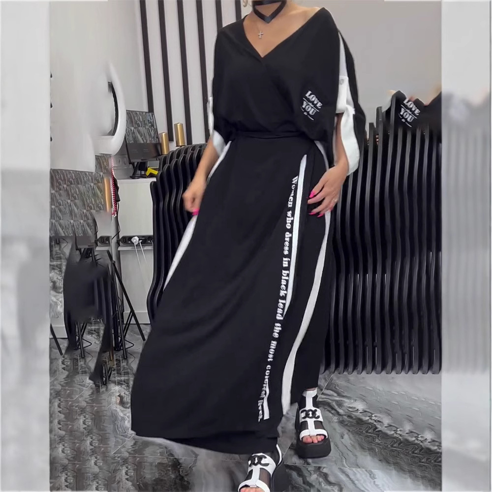 V-Neck Colorblock Short Sleeve Top and Loose Pants Set
