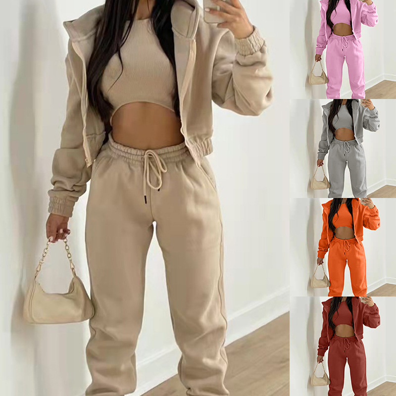Women's Solid Color Hooded Sweatshirt and Pants Three-Piece Set