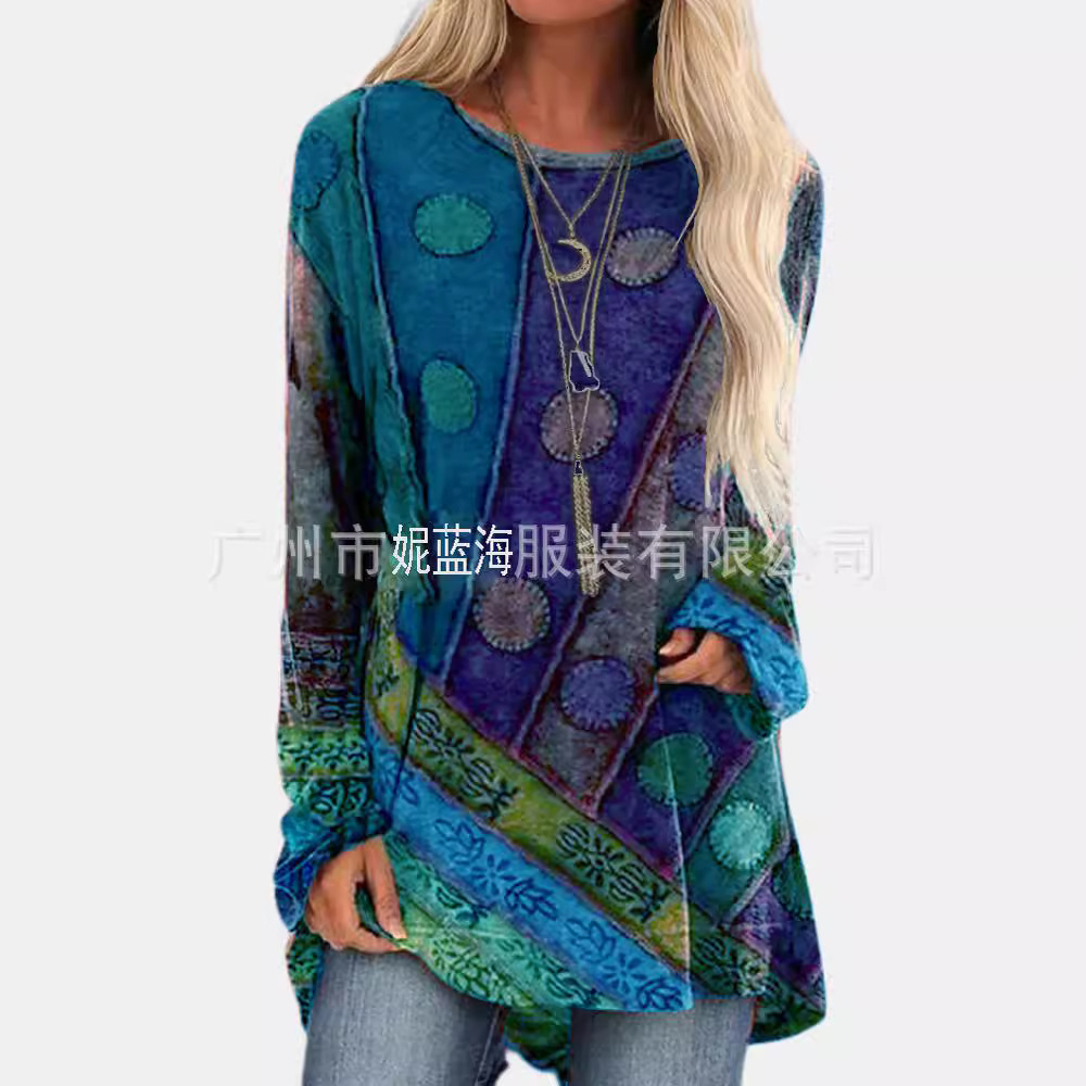 Women's Round Neck Long Sleeve Vintage Print Dress