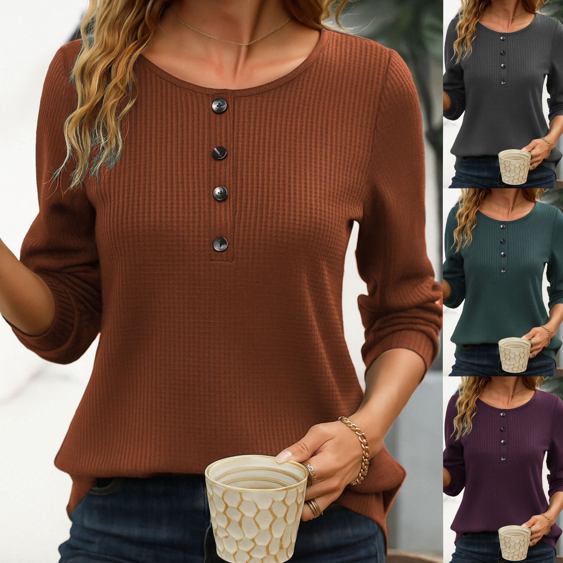 Women's Casual Loose Solid Color Long Sleeve Crewneck Pullover Top
