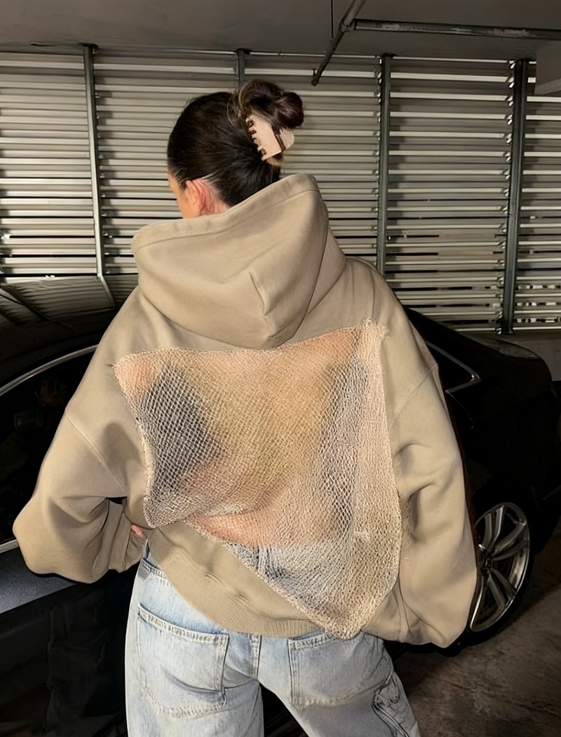 Women's Solid Color Open Back Cutout Mesh Hoodie Sweatshirt