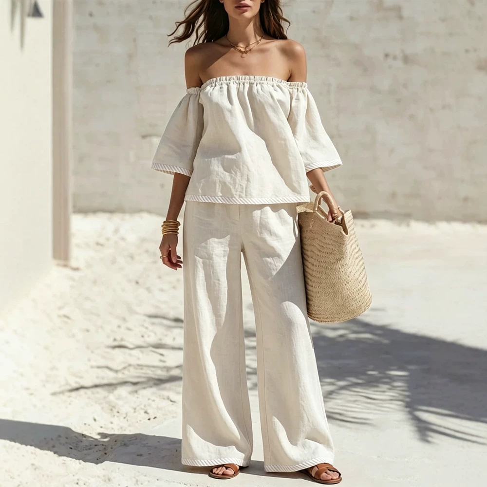 Off-Shoulder Top and Wide-Leg Pants Two-Piece Set