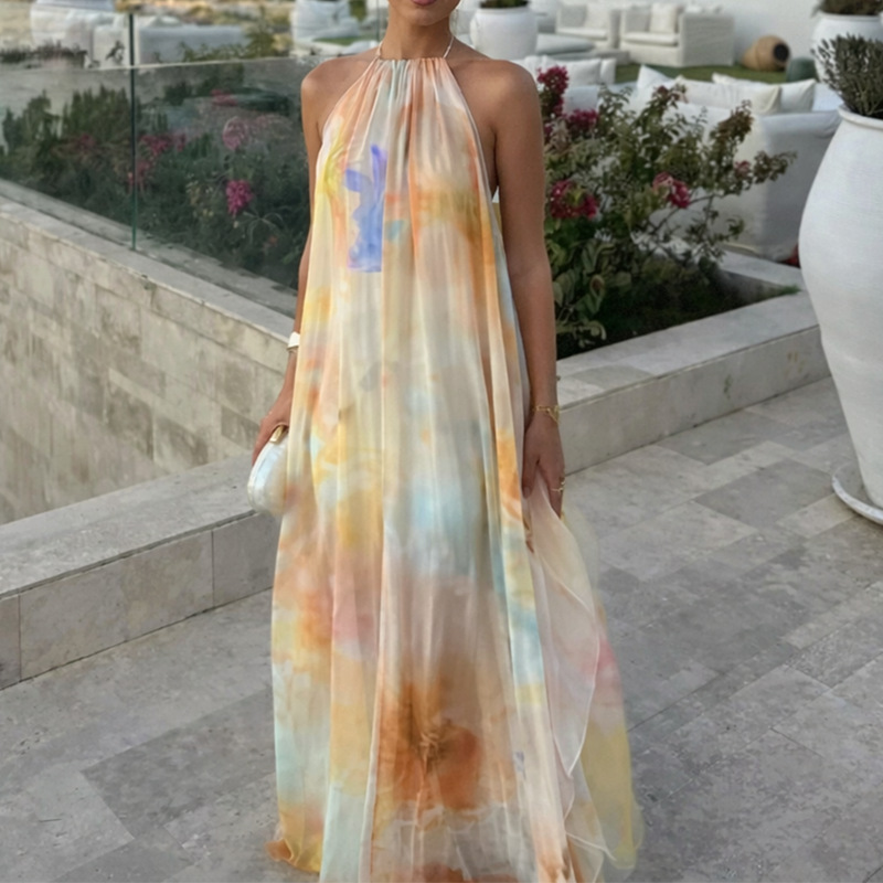 Women's Floral Halter Neck Off-Shoulder Long Dress Casual Loose Fit