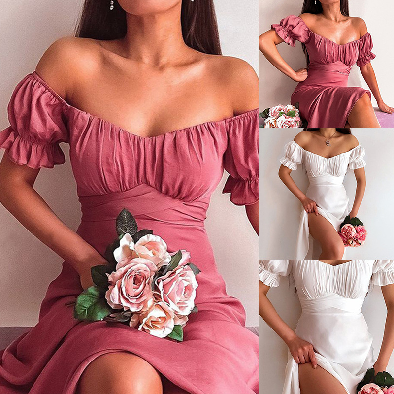 Elegant Floral French-Style Long Dress with Slit, High Waist, Short Sleeve
