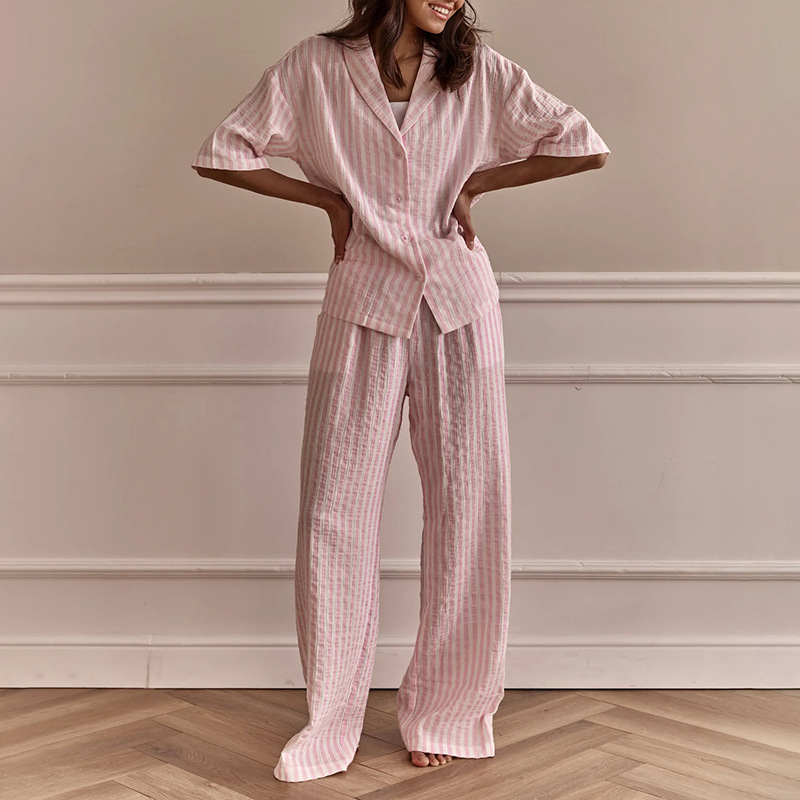 Striped Long-Sleeve Cardigan Two-Piece Loungewear Set
