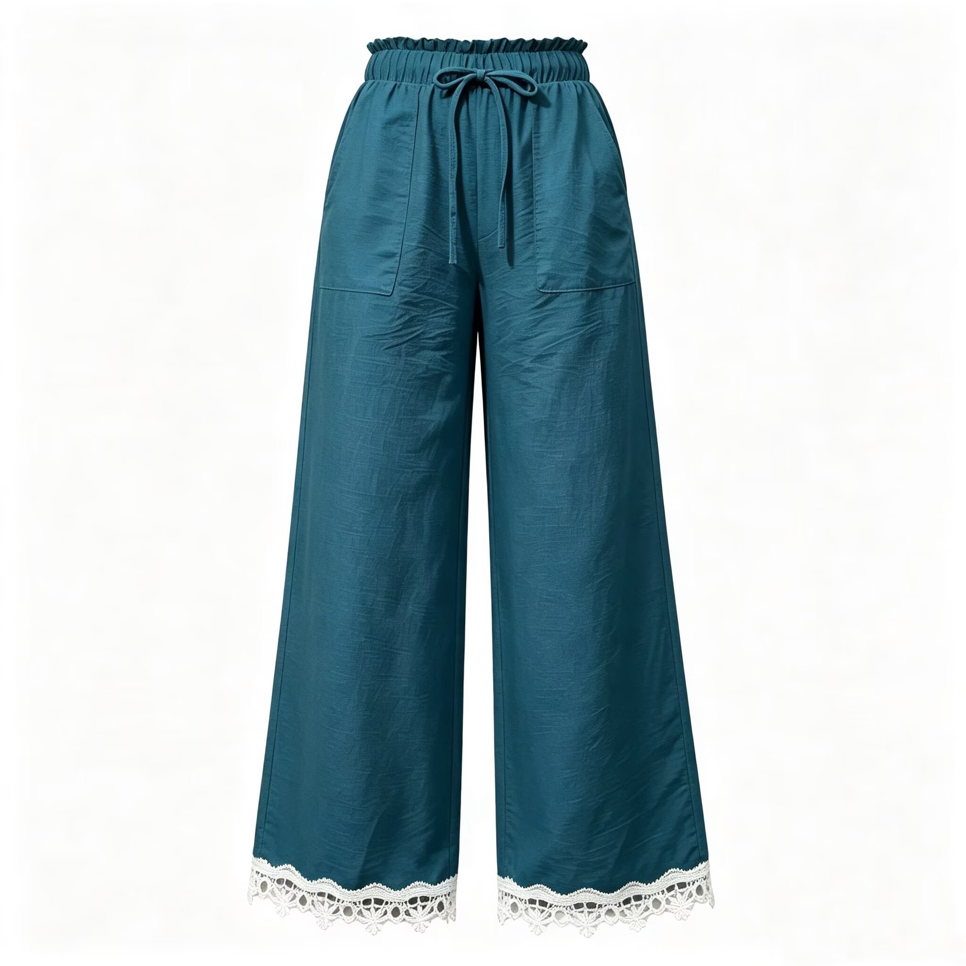 Women's Lace Trim Wide Leg Pants Casual Loose Straight Trousers