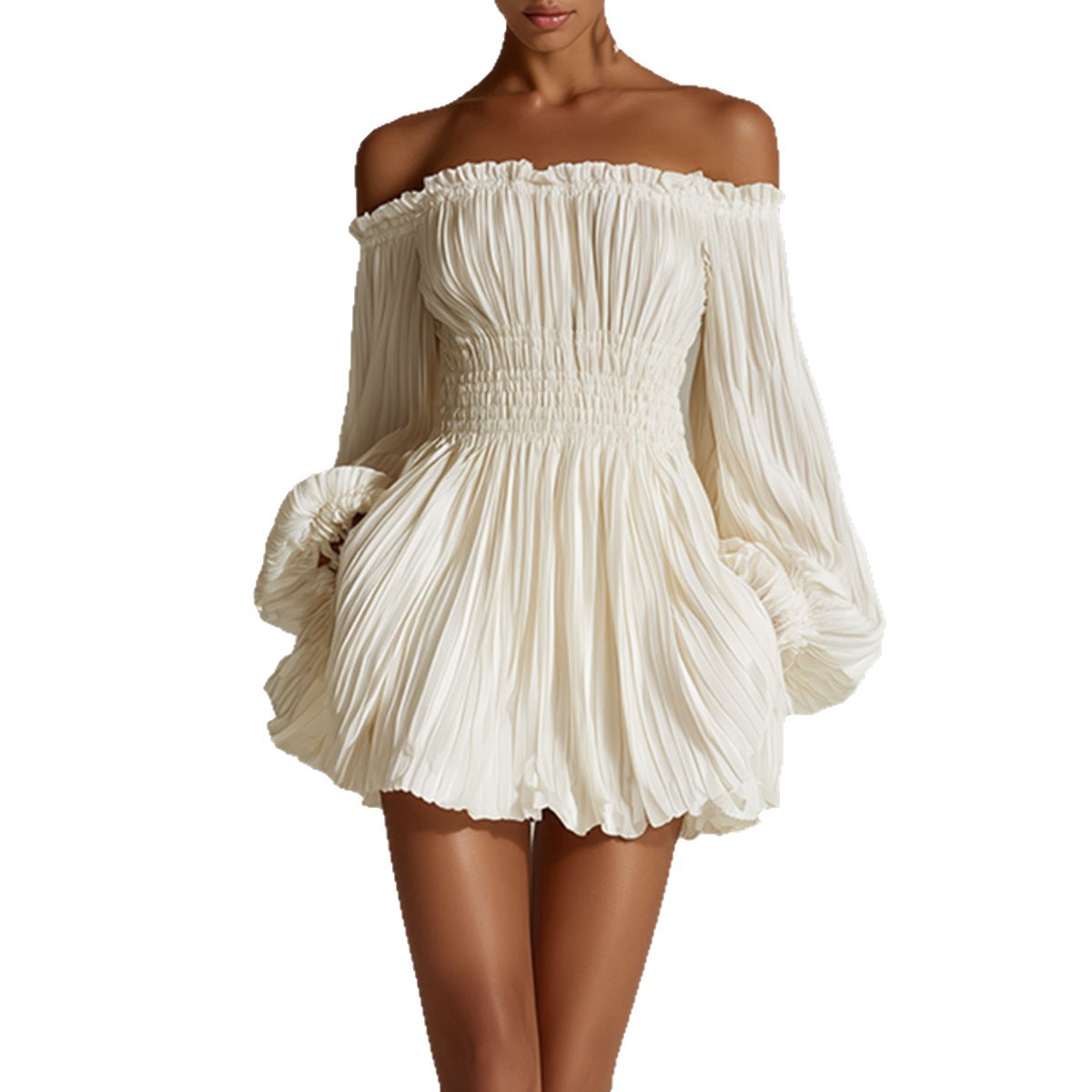 Off-Shoulder Ruched Long-Sleeve A-Line Dress
