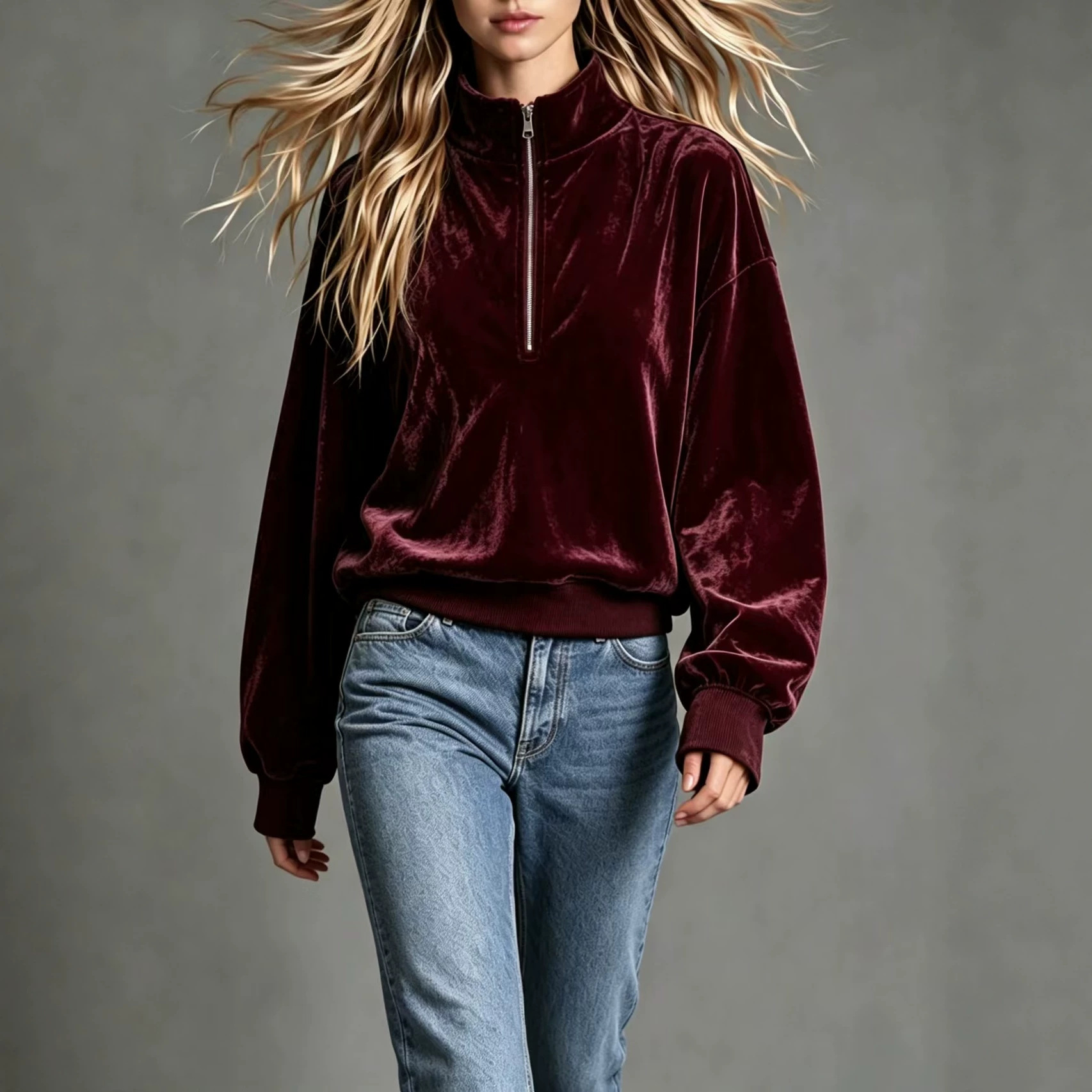Women's Velvet Zip-Up Stand Collar Loose Long Sleeve Solid Color Casual Sweatshirt