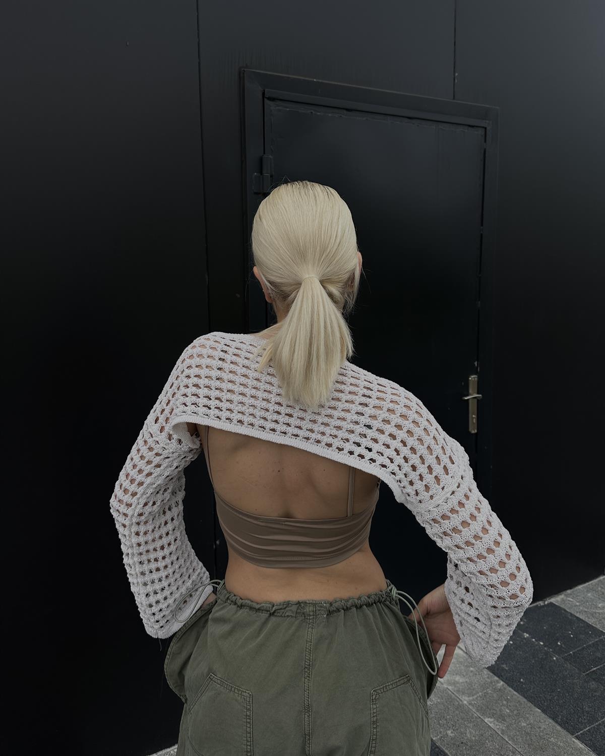 Women's Long Sleeve Open Knit Crop Top Crew Neck