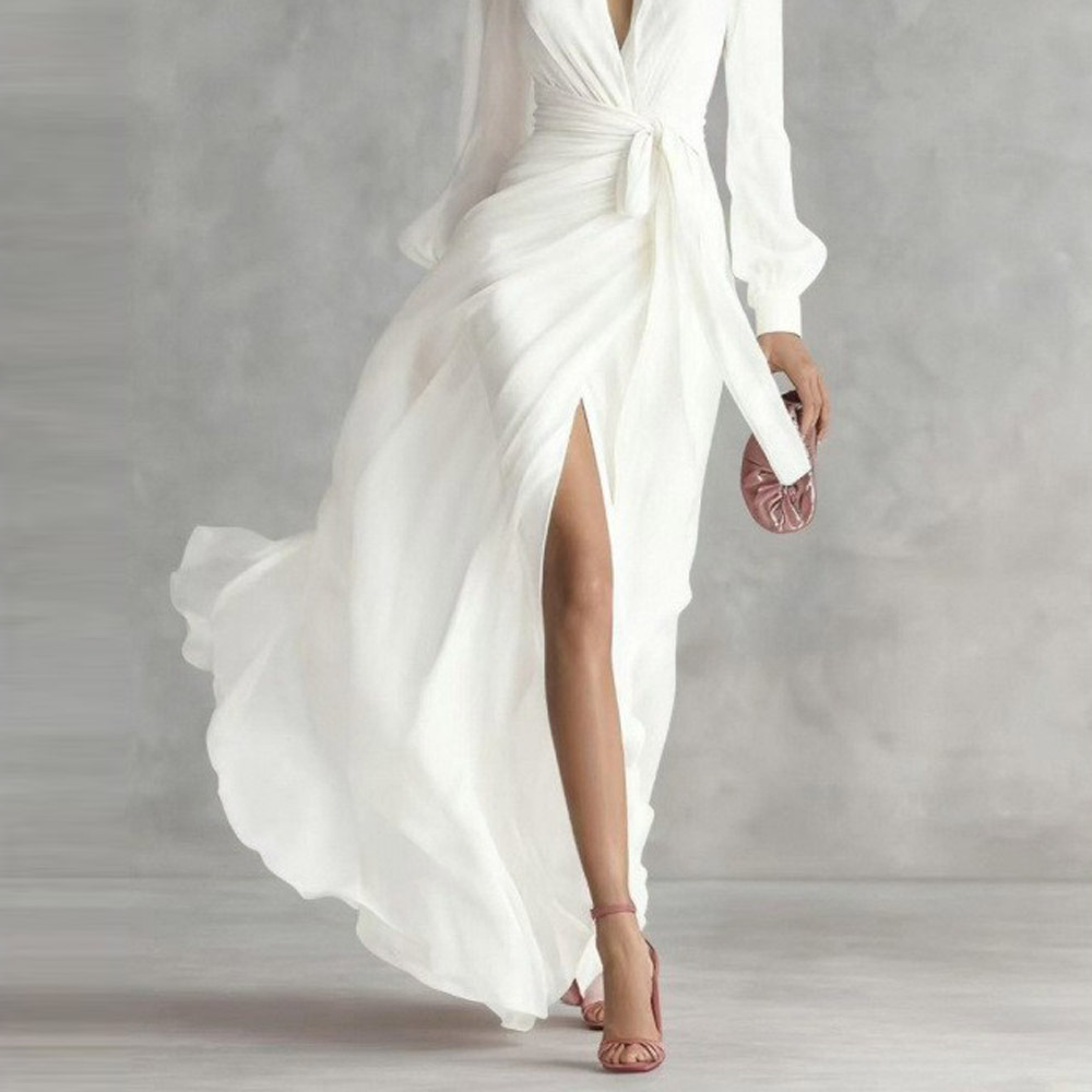 V-Neck Solid Color Waist-Cinched Long Sleeve High Slit Flowy Chiffon Dress