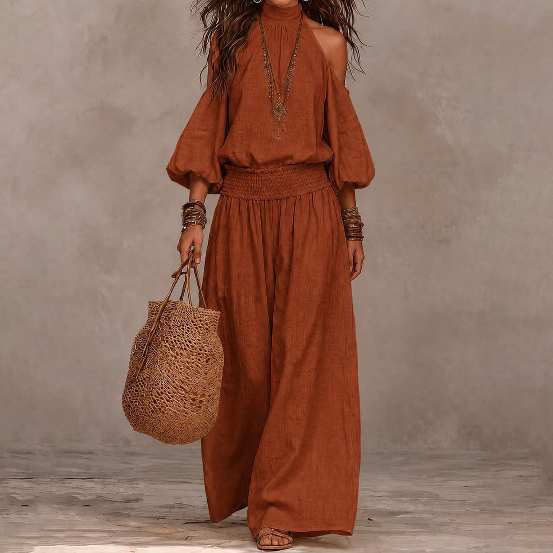 Women's Casual Crewneck Loose Top & Wide-Leg Pants Set