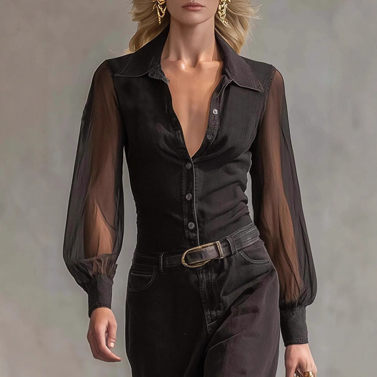 Women's Long Sleeve Sheer Mesh Button-Down Shirt Collar Studded Maxi Dress