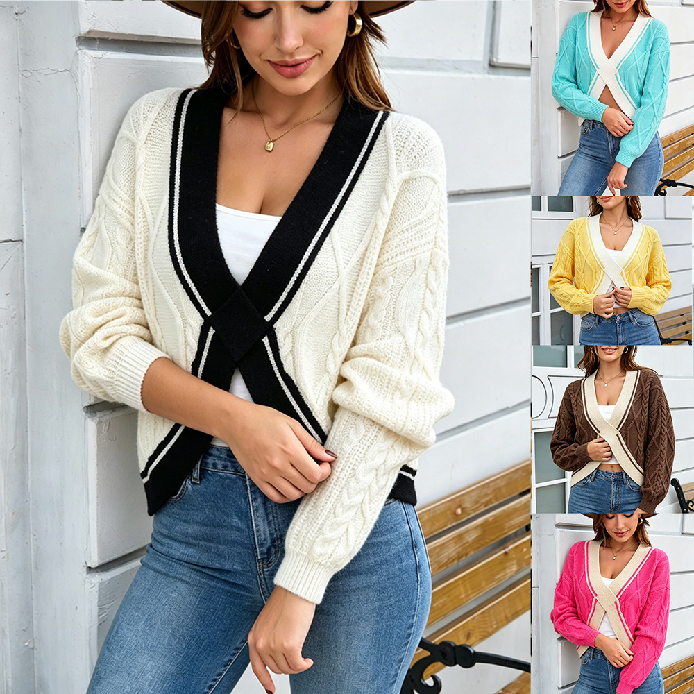 Women's Cropped Knit Sweater Colorblock V-Neck Pullover