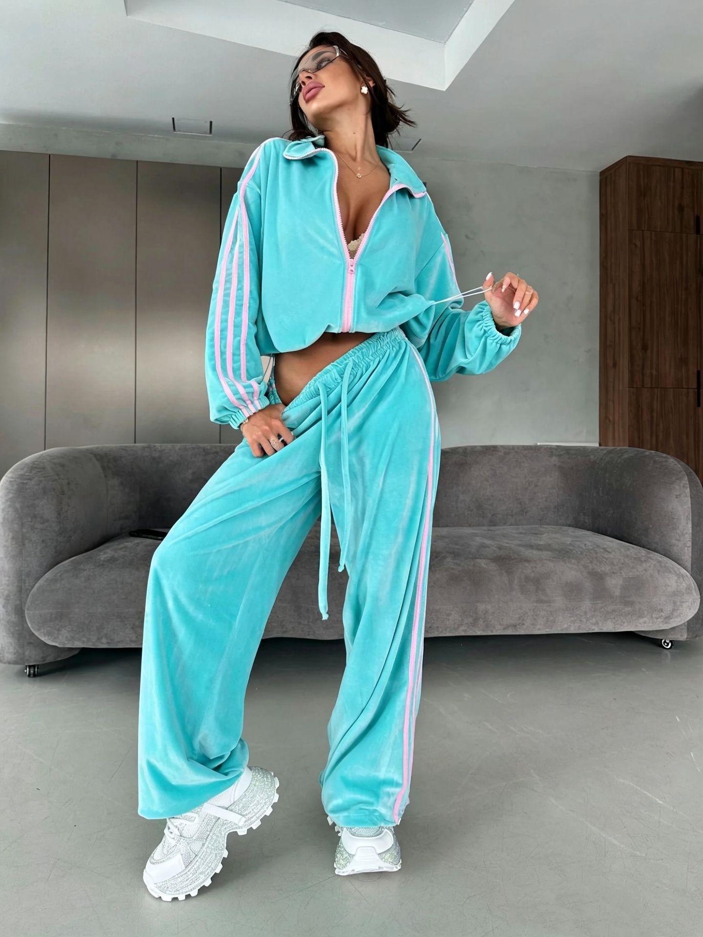 Velvet Colorblock Three-Stripe Track Suit Women's Stand Collar Zip Jacket High-Waist Drawstring Wide-Leg Pants