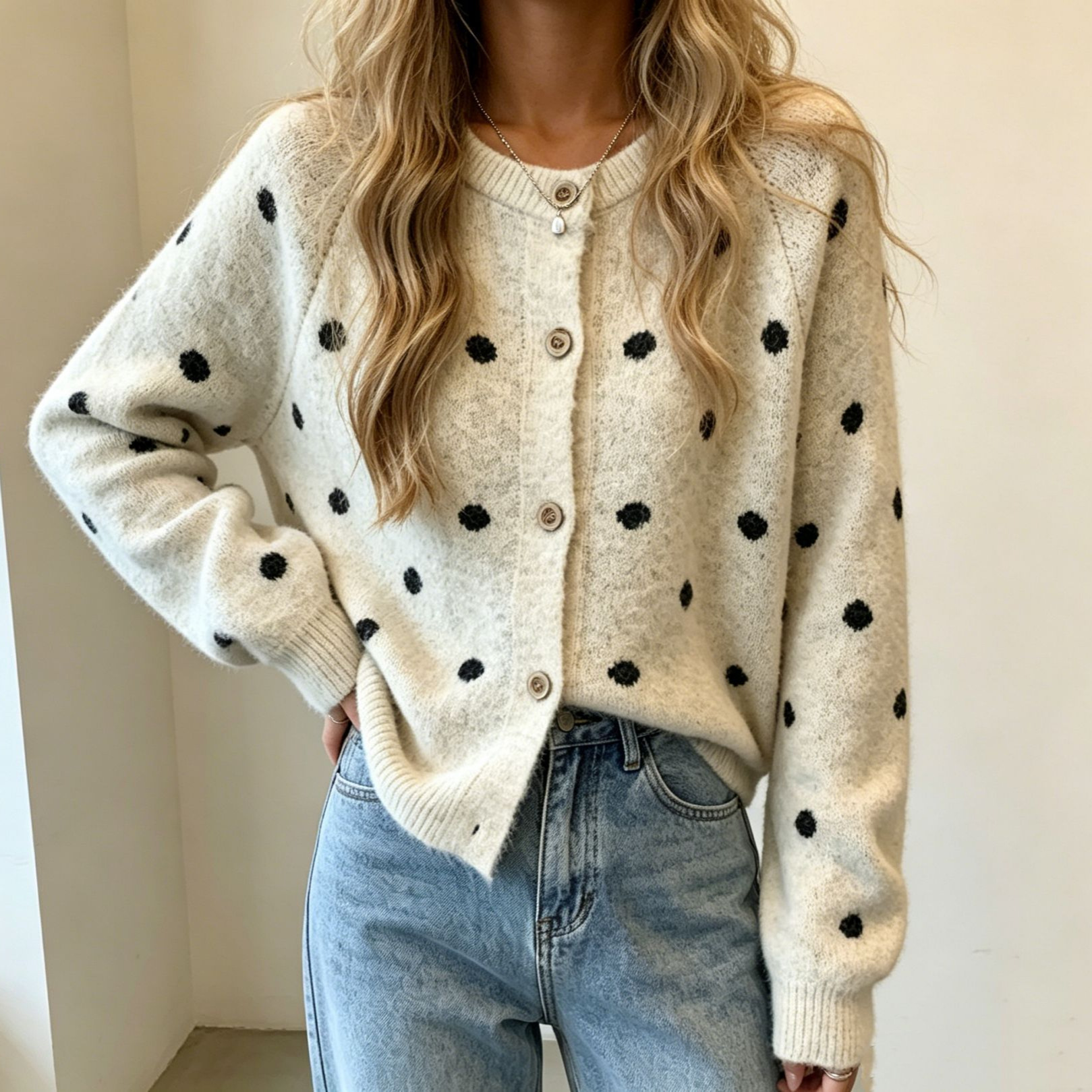 Colorblock Polka Dot Knit Cardigan Sweater