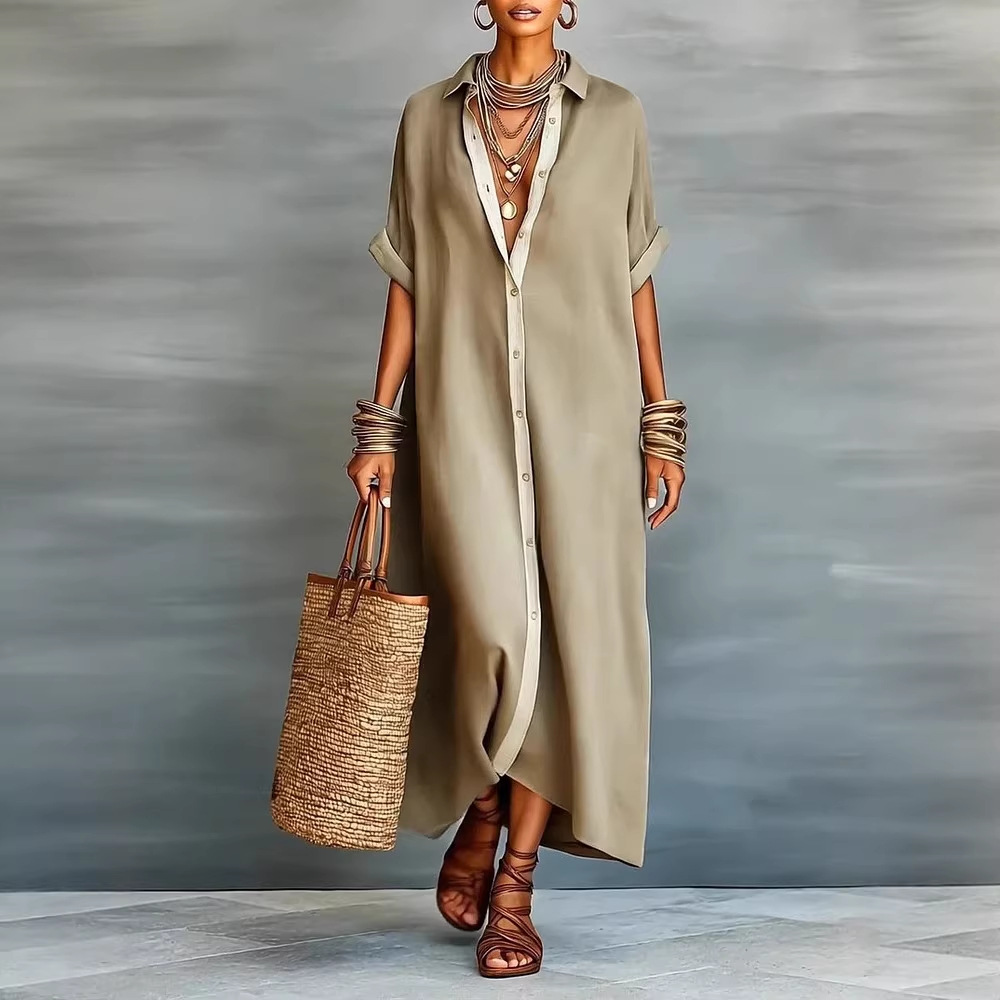 Women's Color-Block Cotton-Linen Shirt Dress V-Neck A-Line Midi