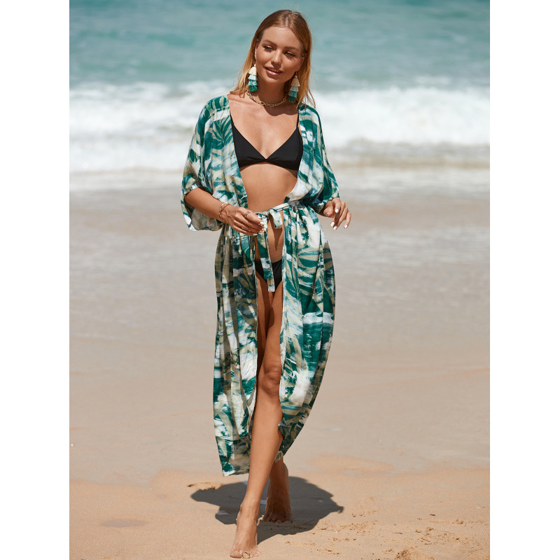 Leaf Print Beach Cover-Up Sheer Open-Front Cardigan