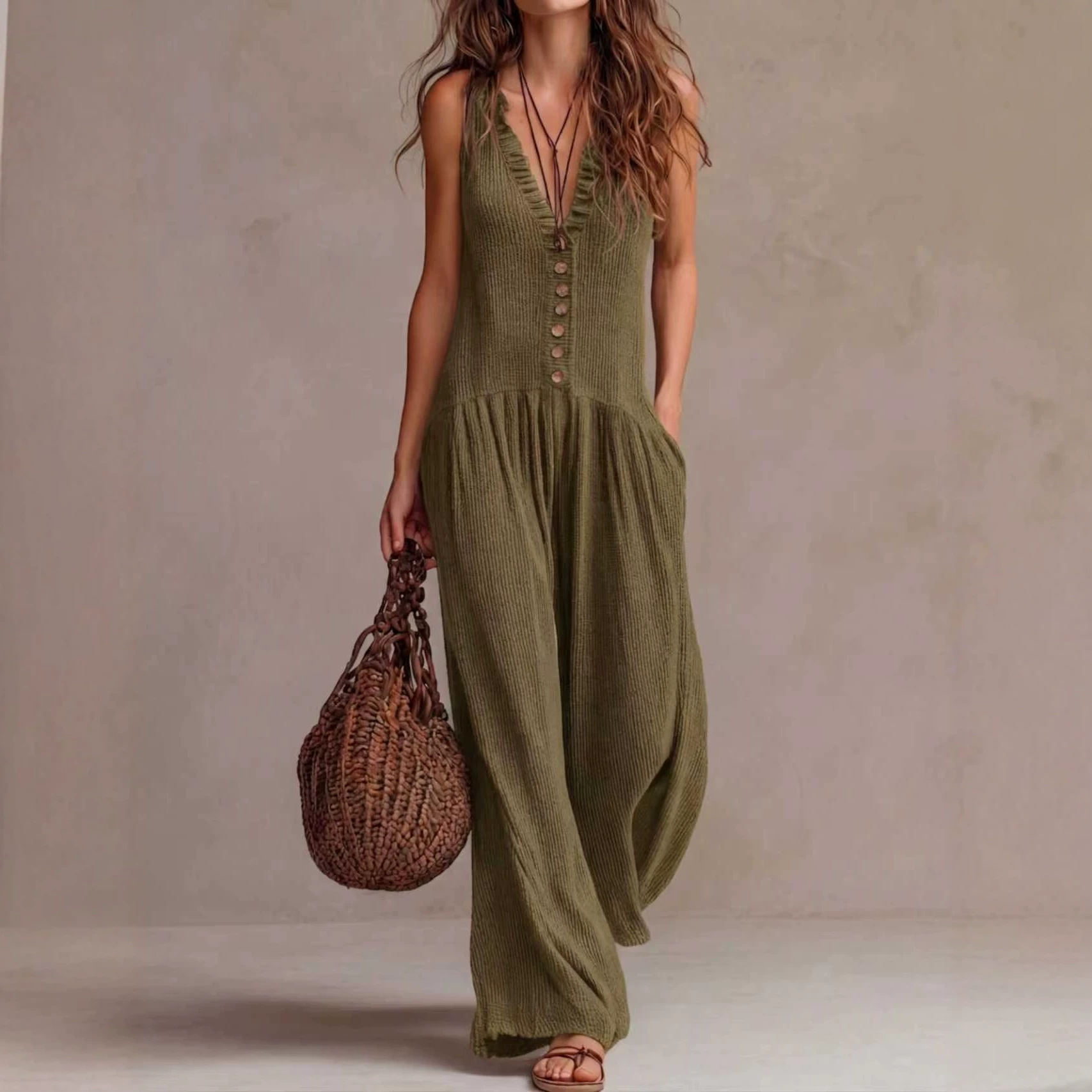Women's Boho V-Neck Wide-Leg Jumpsuit