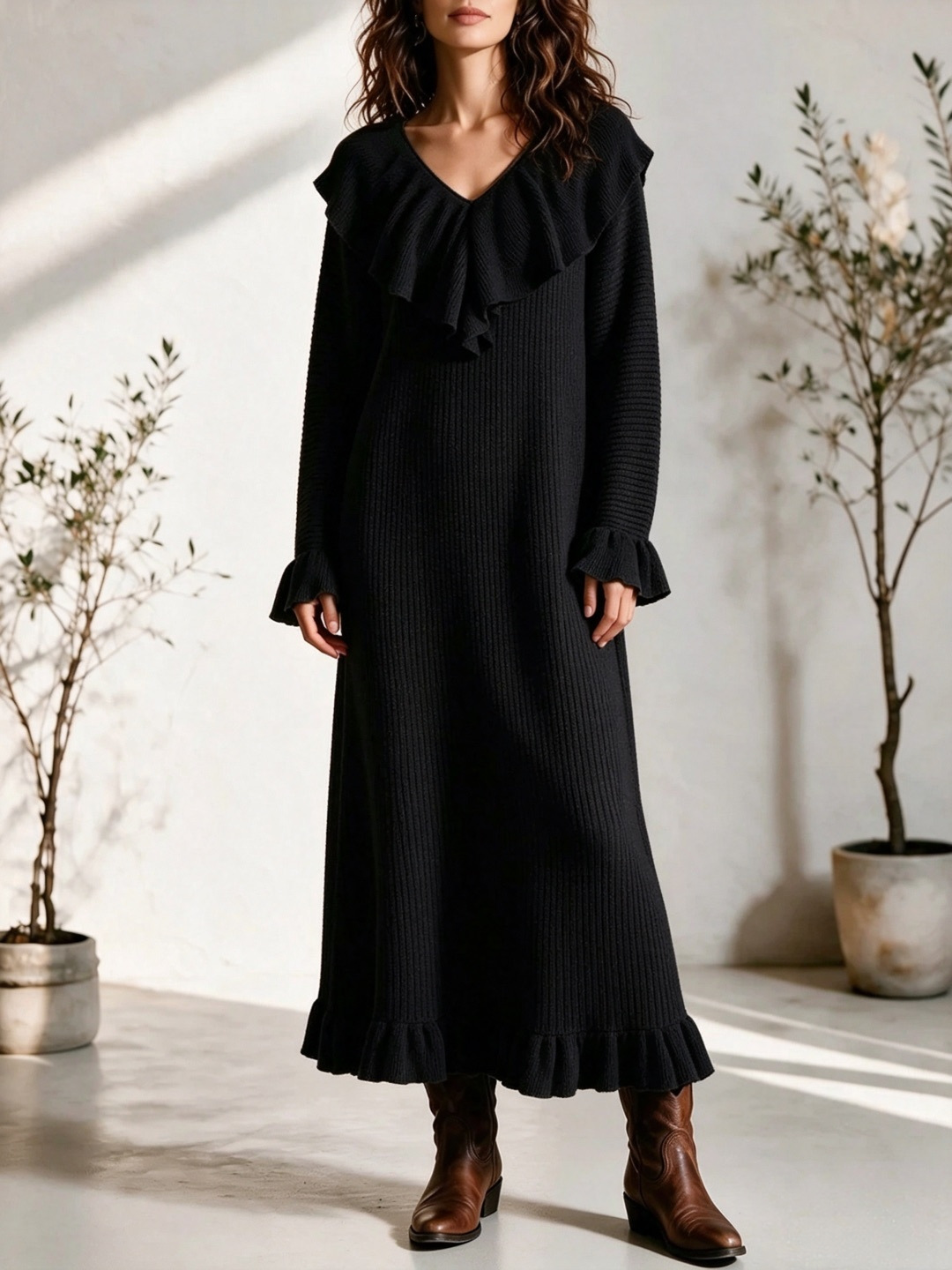 Women's French Style Ruffle Long Sleeve Knit Dress