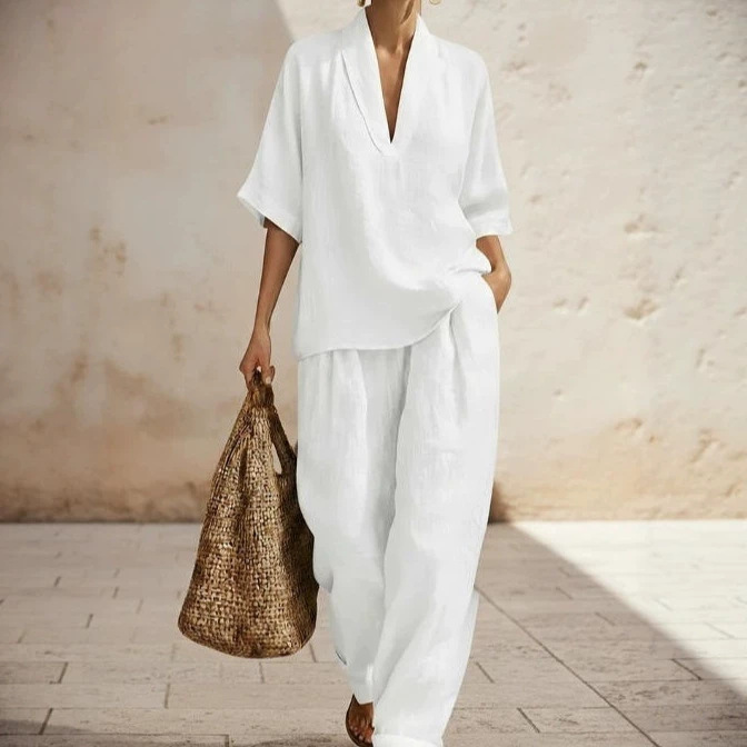Women's Minimalist Linen Two-Piece Set Casual Solid Color
