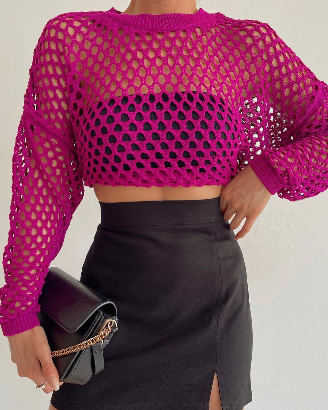 Women's Hollow-Out Knit Sweater with Bell Sleeves, Loose Crew Neck Pullover