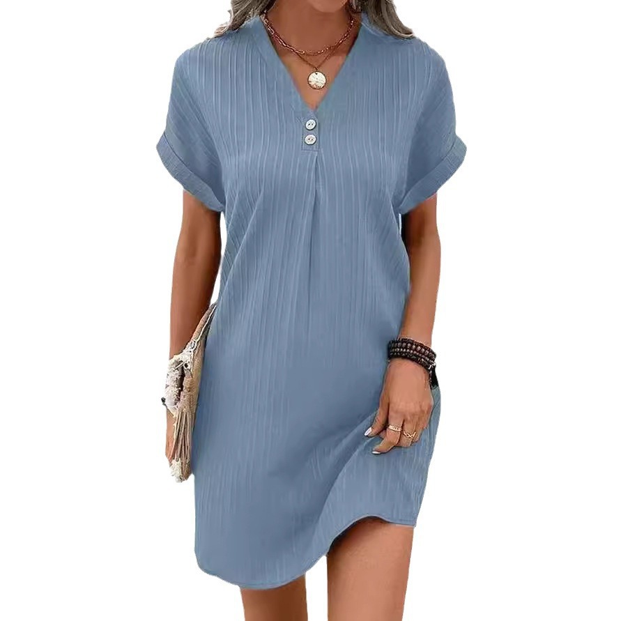 V-Neck Button A-Line Dress Short Sleeve Solid Casual