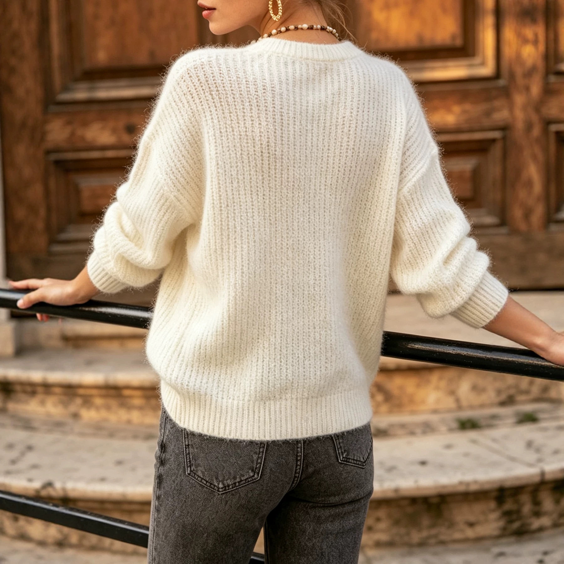 Soft Round Neck Knit Long Sleeve Loose Drop Shoulder Women's Sweater