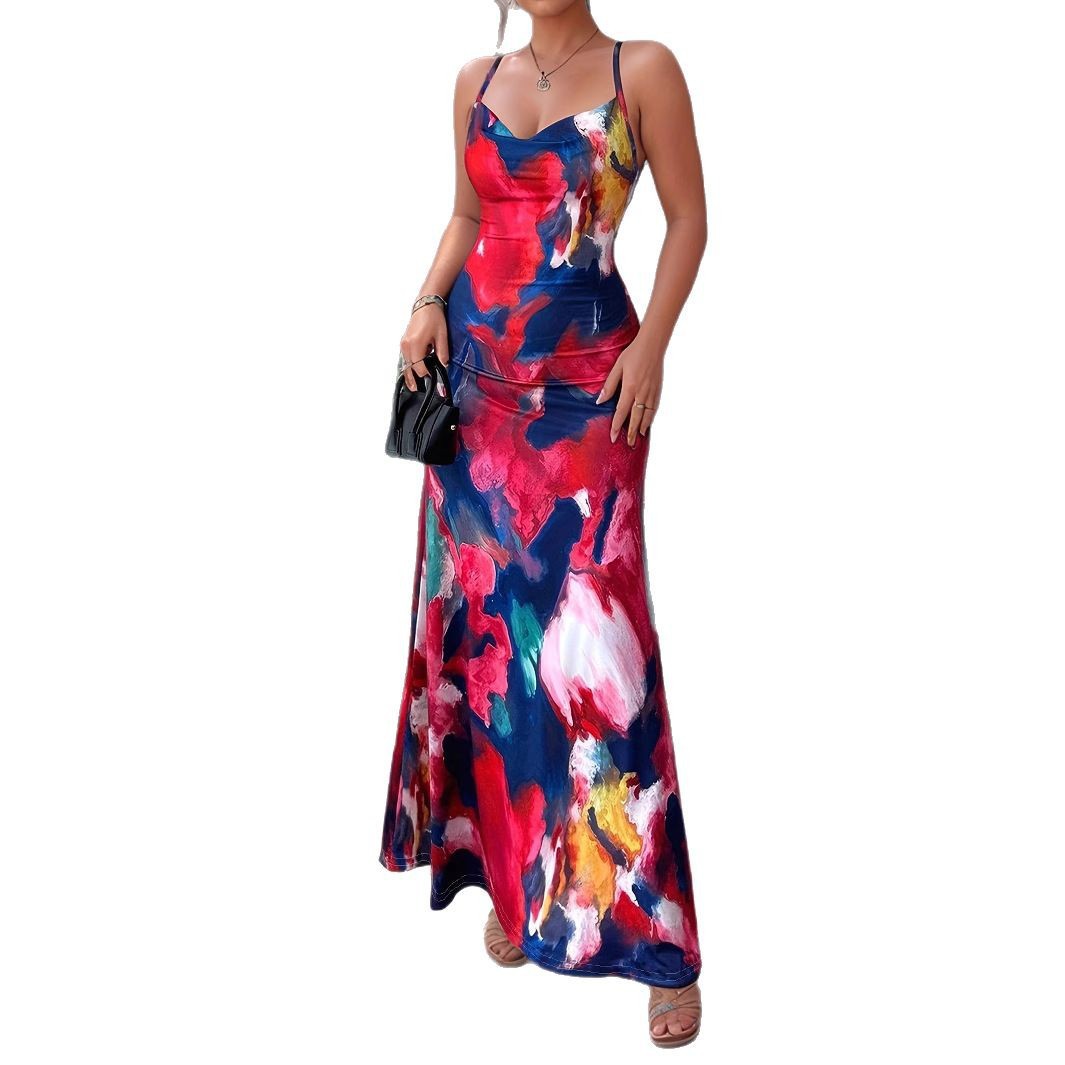Watercolor Oil Painting Print V-Neck Bodycon Maxi Dress with Spaghetti Straps