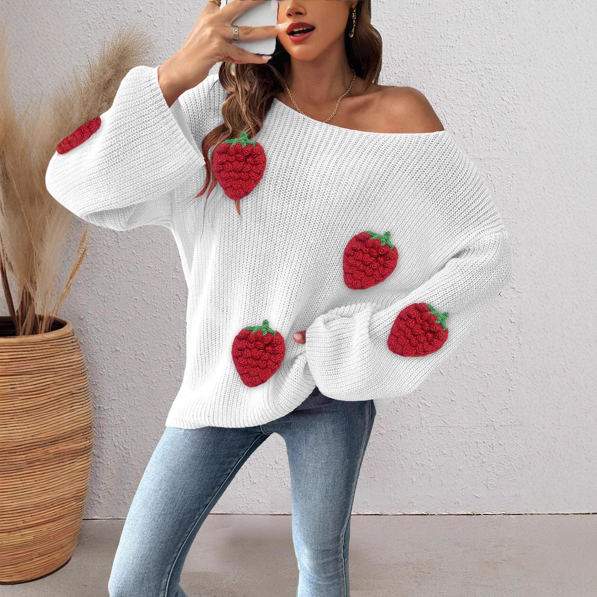 Women's Strawberry Applique Off-Shoulder Bell Sleeve Sweater