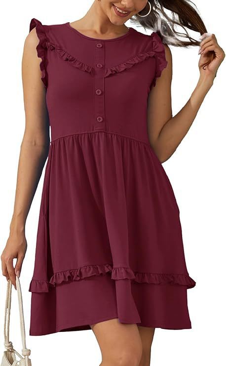Ruffled Sleeve Flowy Dress with Ruffle Trim Crew Neck