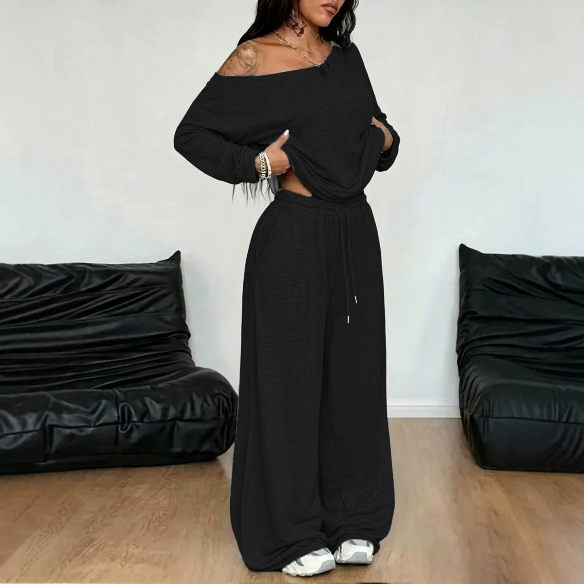 Women's Oblique Collar Wide-Leg Pants Set Solid Color Casual Two-Piece Long Sleeve