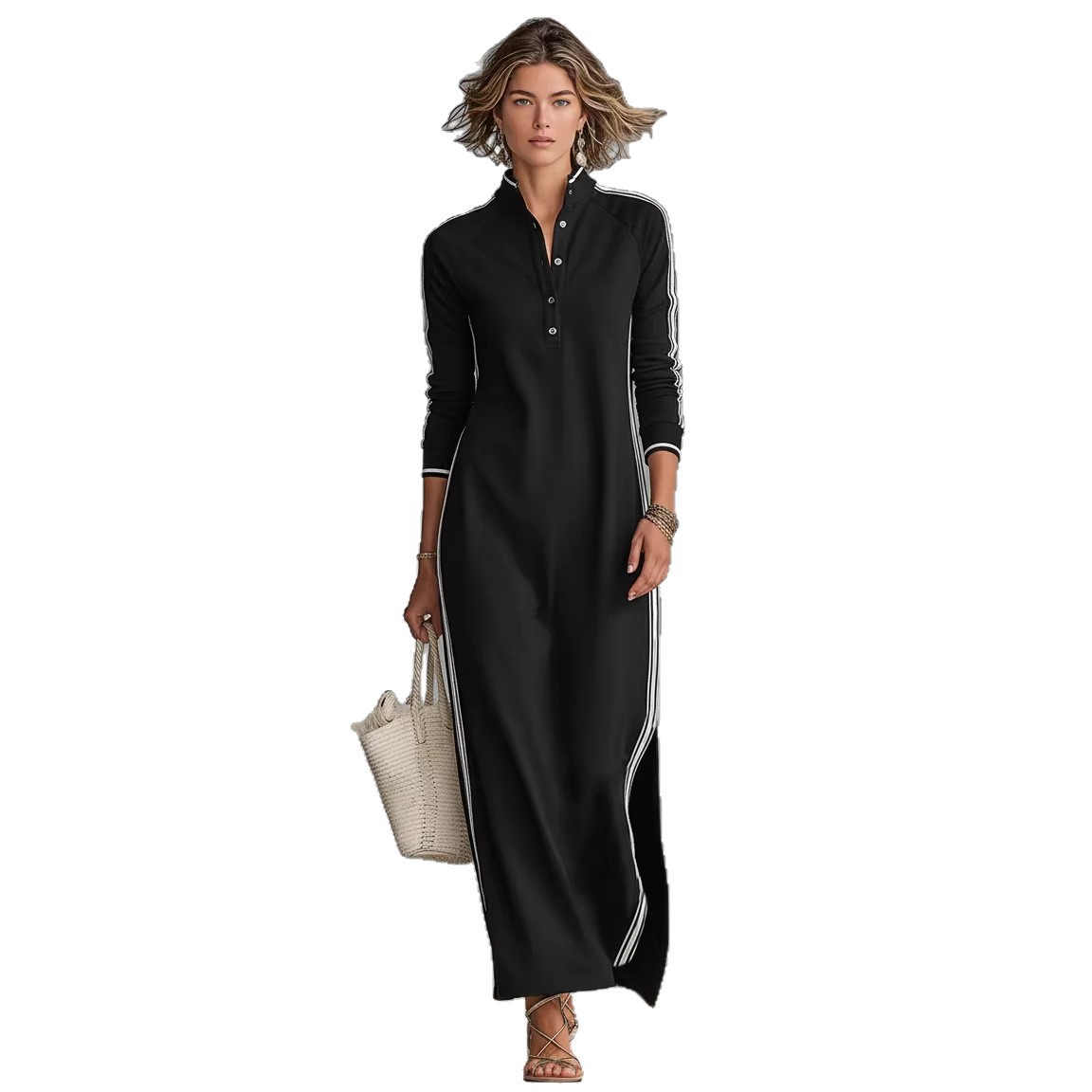Women's Minimalist White Piped Button-Neck Sweatshirt Dress Long