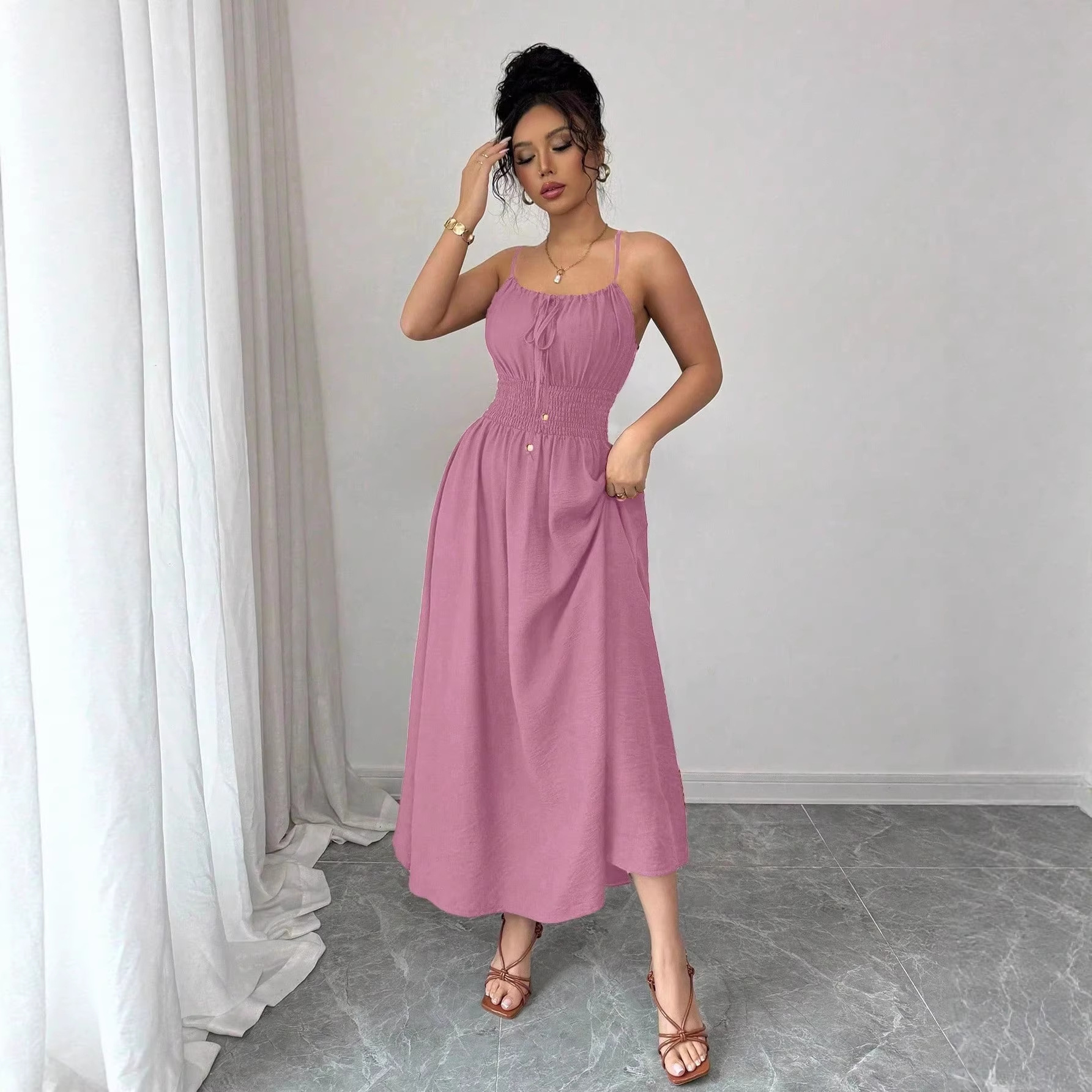 Women's Strapless Sleeveless Ruched Waist Solid Color Slip Dress