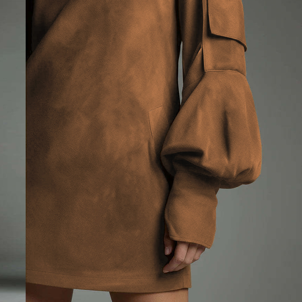 Faux Suede High Neck Long Sleeve Dress
