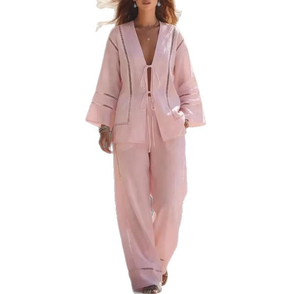 Women's Open-Front Tie Hollow-Out Two-Piece Pant Set