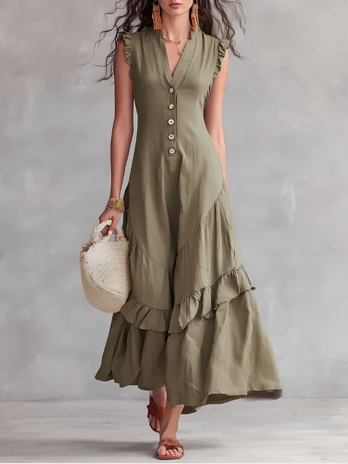 Minimalist Cotton-Linen Sleeveless Dress with V-Neck and Pleated Detail
