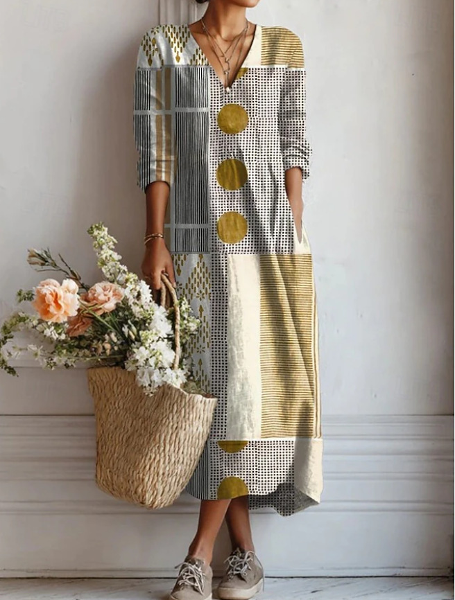 Geometric Print Linen-Blend Long Sleeve V-Neck Midi Dress