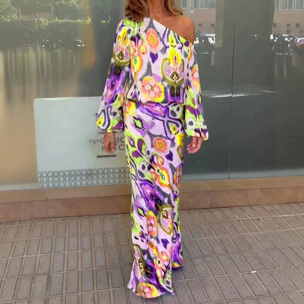 Women's Floral Print Long Sleeve Off-Shoulder Top and Mermaid Maxi Skirt Set