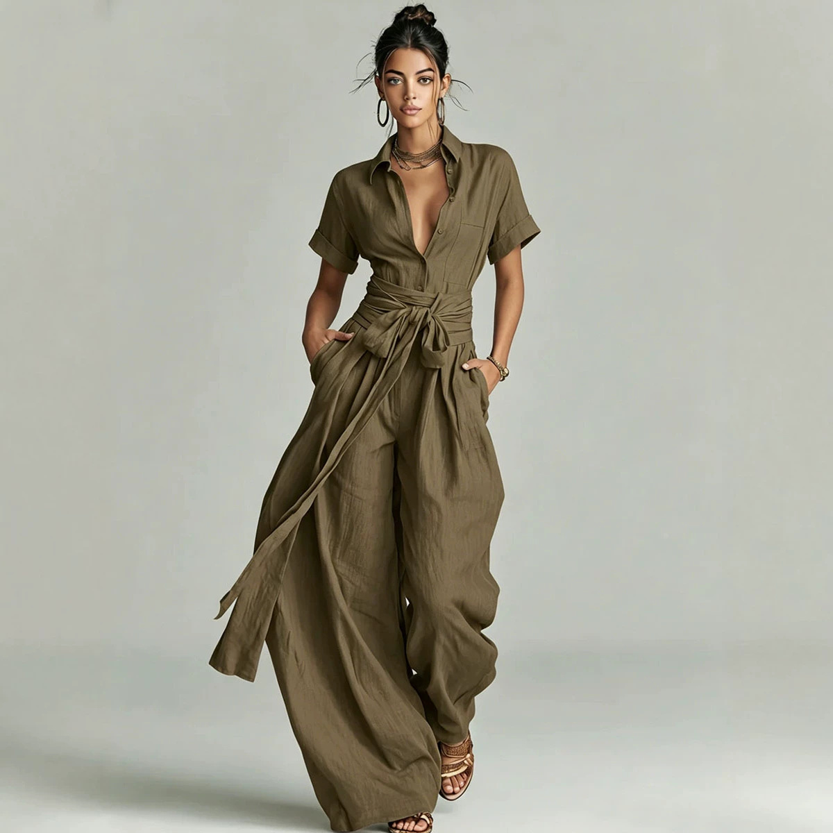 Women's Solid High-Waist Short-Sleeve Jumpsuit Casual Loose Straight-Leg