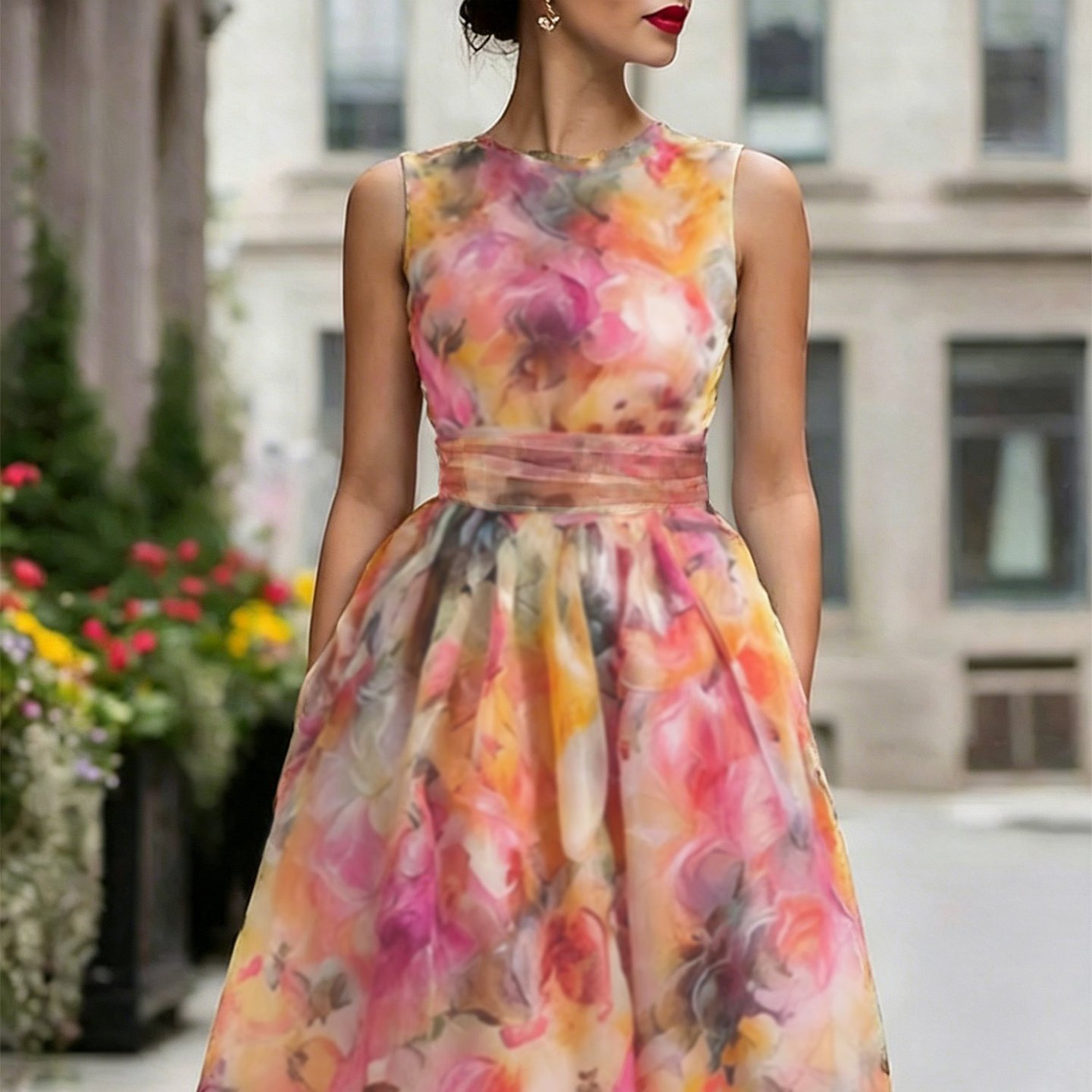 Orange Floral Sleeveless A-Line Midi Beach Dress