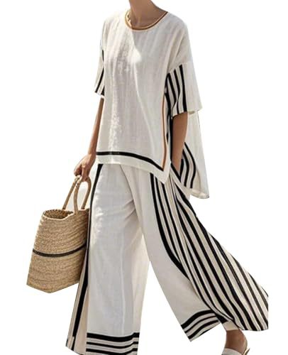Women's Striped Print Crewneck 3/4 Sleeve Top & Pants Casual Set