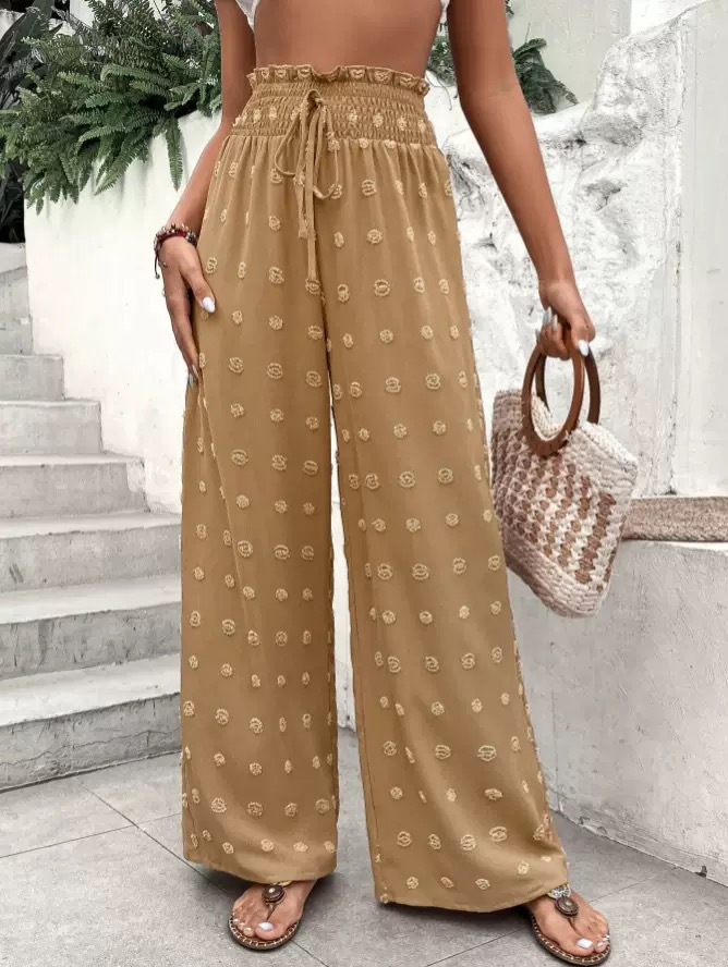 Black Jacquard Wide-Leg Pants High Waist Drawstring Loose Casual