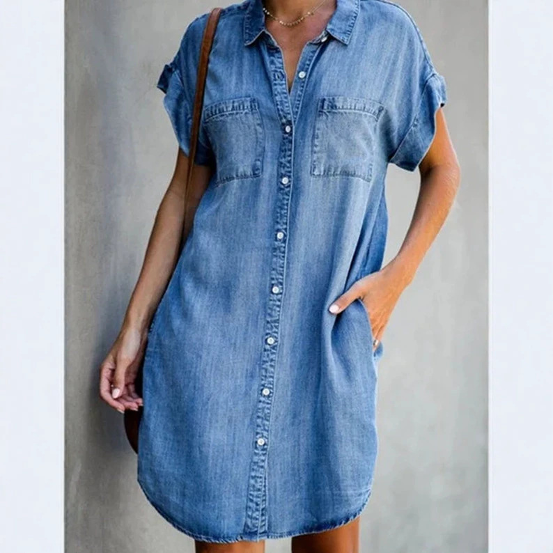 Collared Short Sleeve Slim Fit Denim Shirt Dress for Women