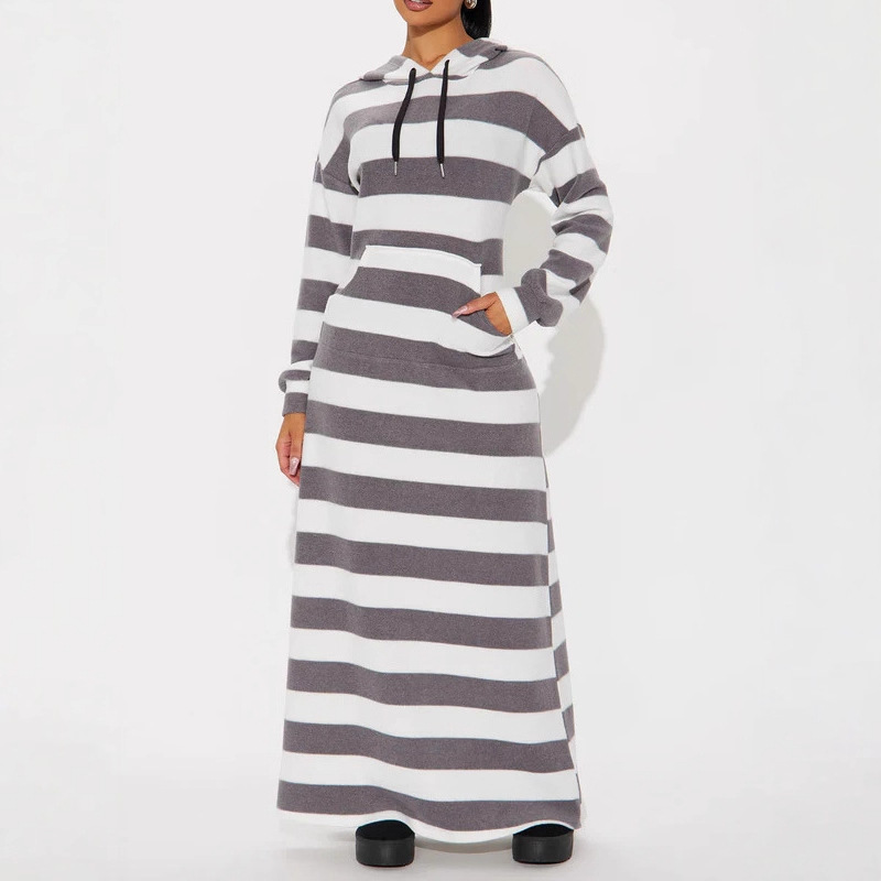 Women's Striped Long Hoodie Dress with Drawstring