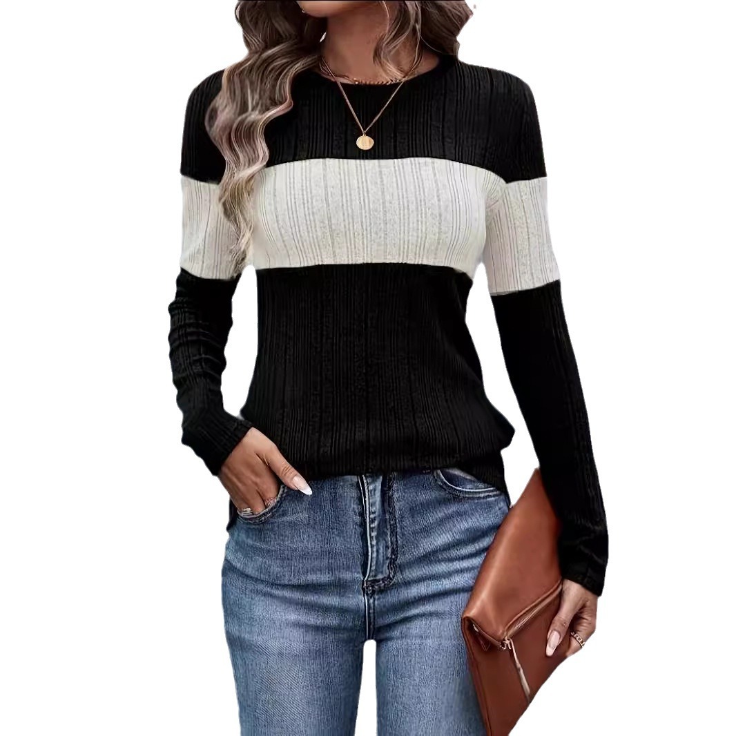 Women's Color-Block Long-Sleeve Slim Knit Top